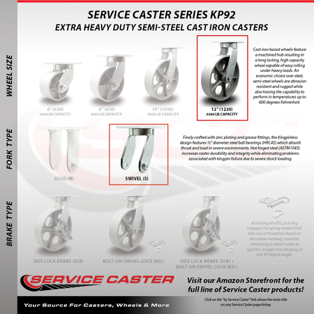 Service Caster 12 Inch Extra Heavy Duty Semi Steel Cast Iron Wheel Swivel Top Plate Caster SCC SCC-KP92S1230-SSR